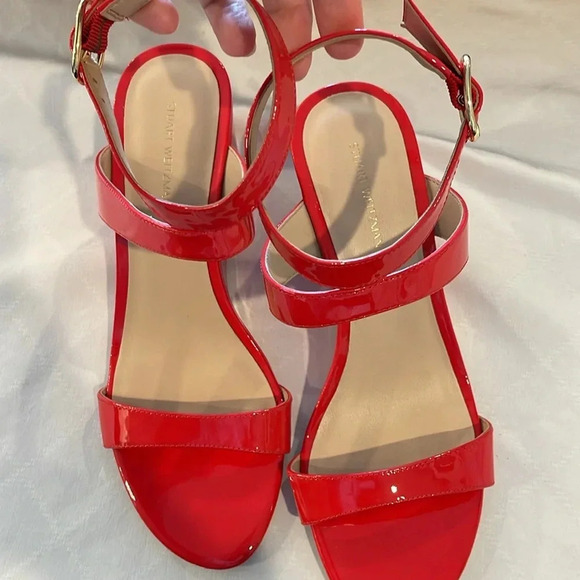 Stuart Weitzman Avenue Strap 75 wedge sandal red patent leather heels 8.5 NWT - Picture 5 of 7